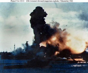 The forward magazine of USS Airzona exploded after being hit by a Japanese bomb , December 7, 1941. Frame clipped from a color motion picture frame taken from on board USS Solace.Official U.S. Navy Photograph, National Archives Collection