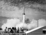 A modified V-2 rocket being launch on July 24, 1950. General Electric Company was prime contractor for the launch, Douglas Aircraft Company manufactured the second stage of the rocket & the Jet Propulsion Laboratory (JPL) had major rocket design roles & test instrumentation. This was the first launch from Cape Canaveral, Florida.
